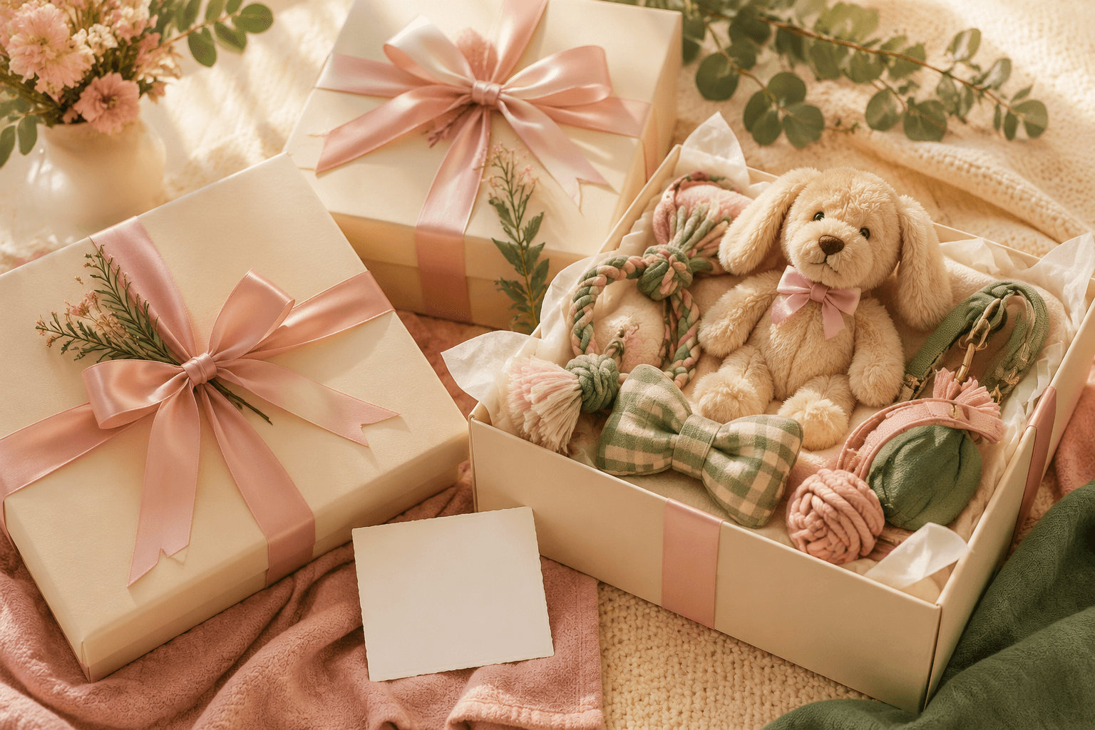 Wrapped pet gift boxes with pink ribbon, a plush toy and a blank card