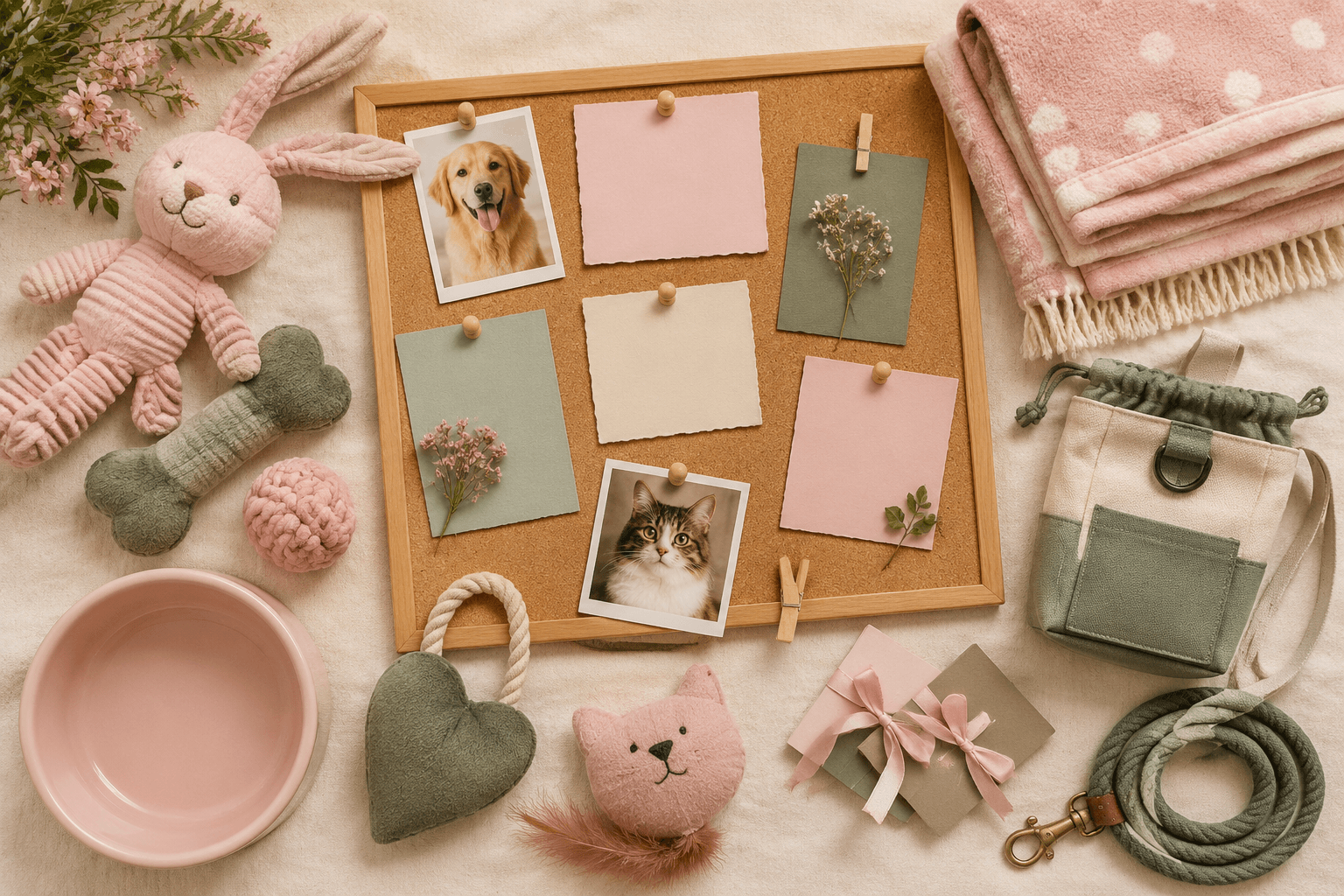 Overhead pinboard of pet accessories: plush toys, a folded blanket, an empty bowl, a treat pouch, a rolled leash and gift cards