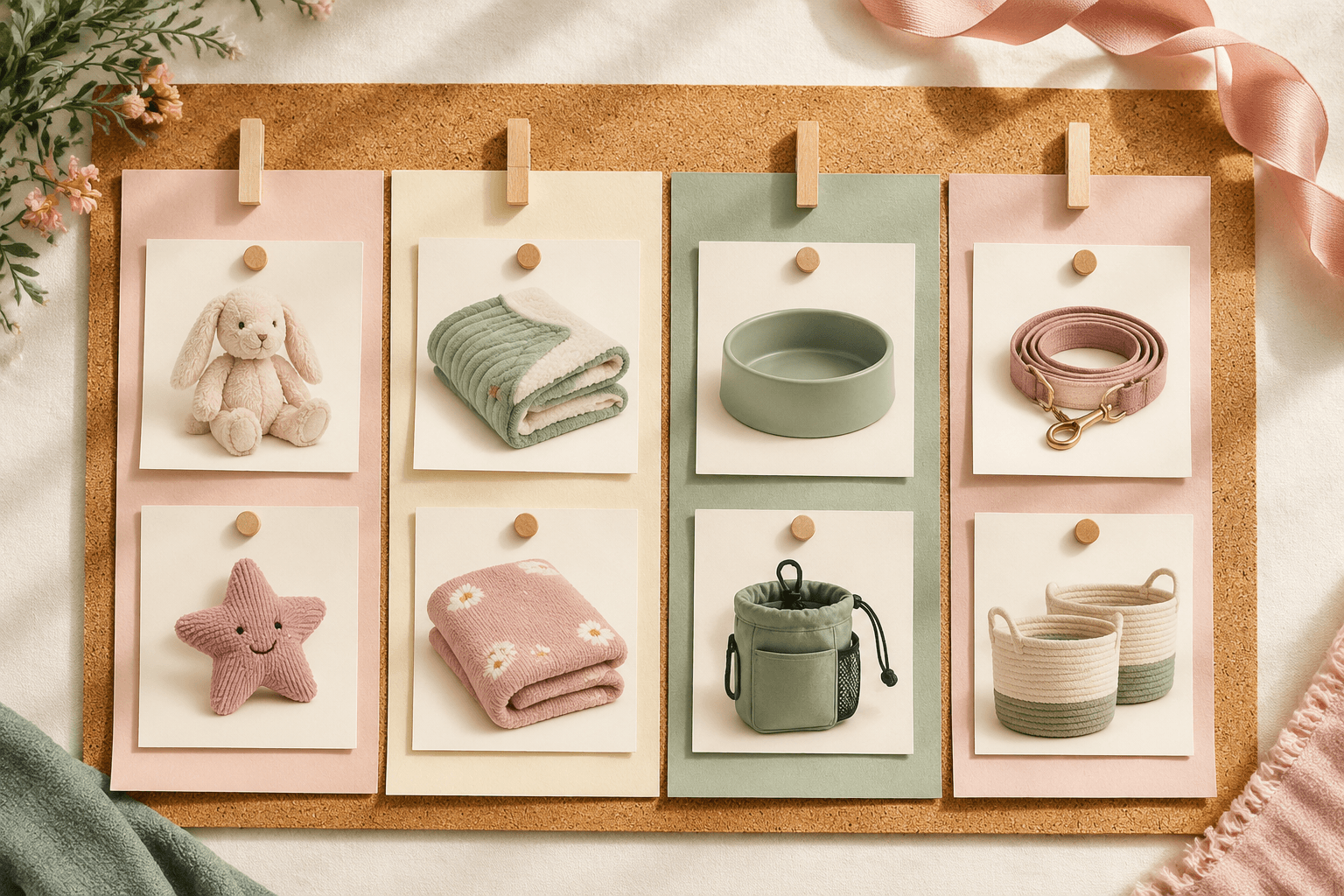 A four-column accessory planning board with pinned note cards for toys, blankets, bowls and supplies